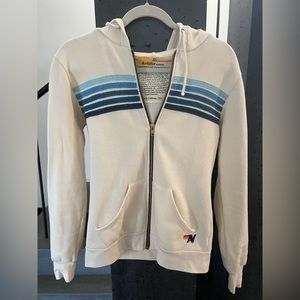 Aviator Nation classic 5 stripe zip hoodie. Cream and blue. Size XS